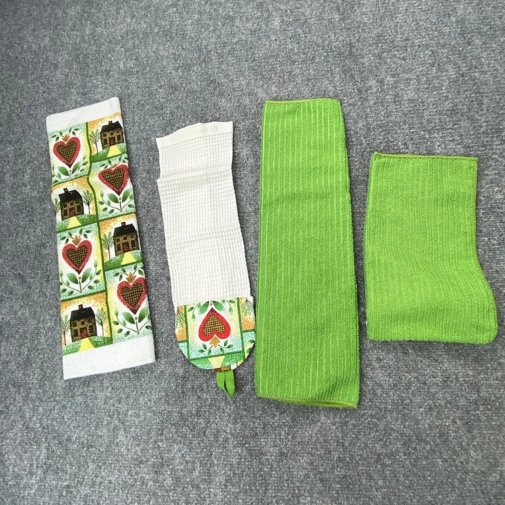 Kitchen Towel Set 7 Pc Green Heart House Print‎ Oven Mitts Potholders Farmhouse